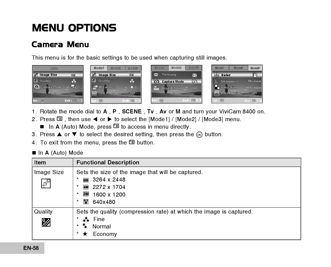 Vivitar Tripod/Video Equipment manual Menu Options, Camera Menu, Functional Description, EN-58 