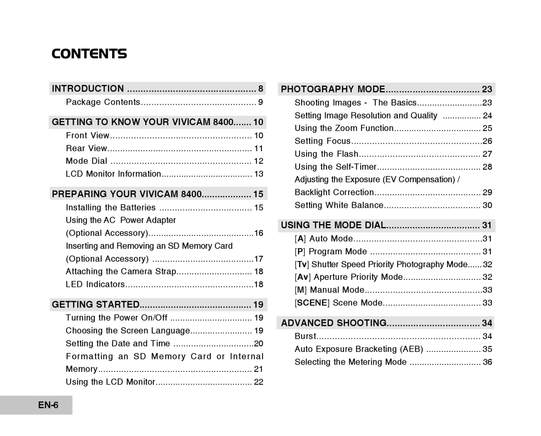 Vivitar Tripod/Video Equipment manual Contents 