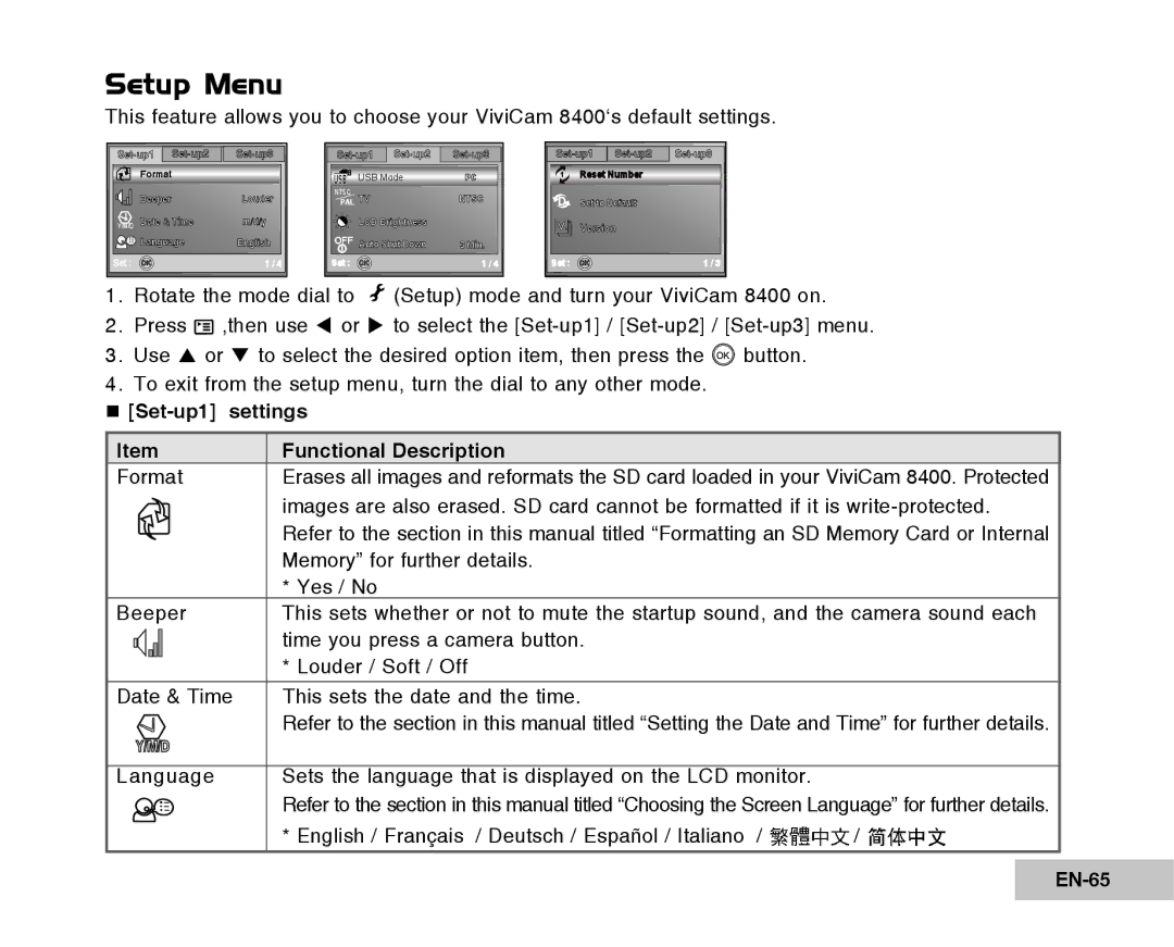 Vivitar Tripod/Video Equipment manual Setup Menu, Set-up1 settings Functional Description, EN-65 