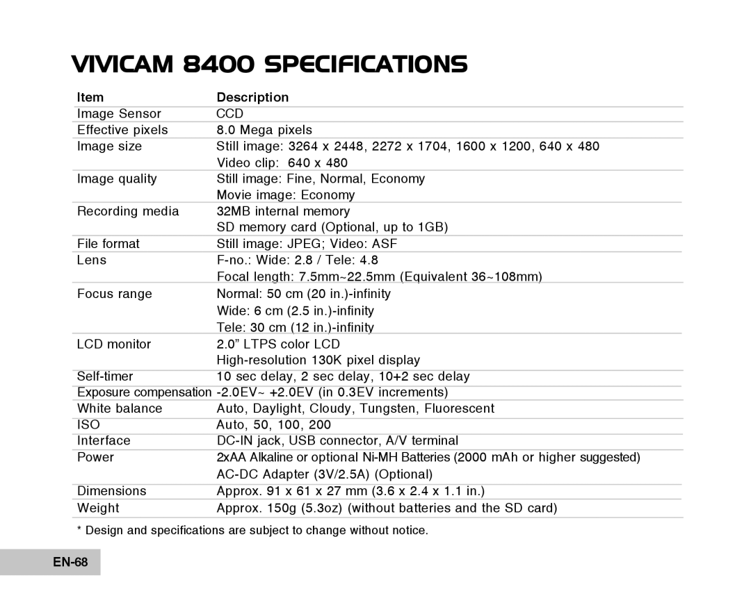 Vivitar Tripod/Video Equipment manual Vivicam 8400 Specifications, EN-68 