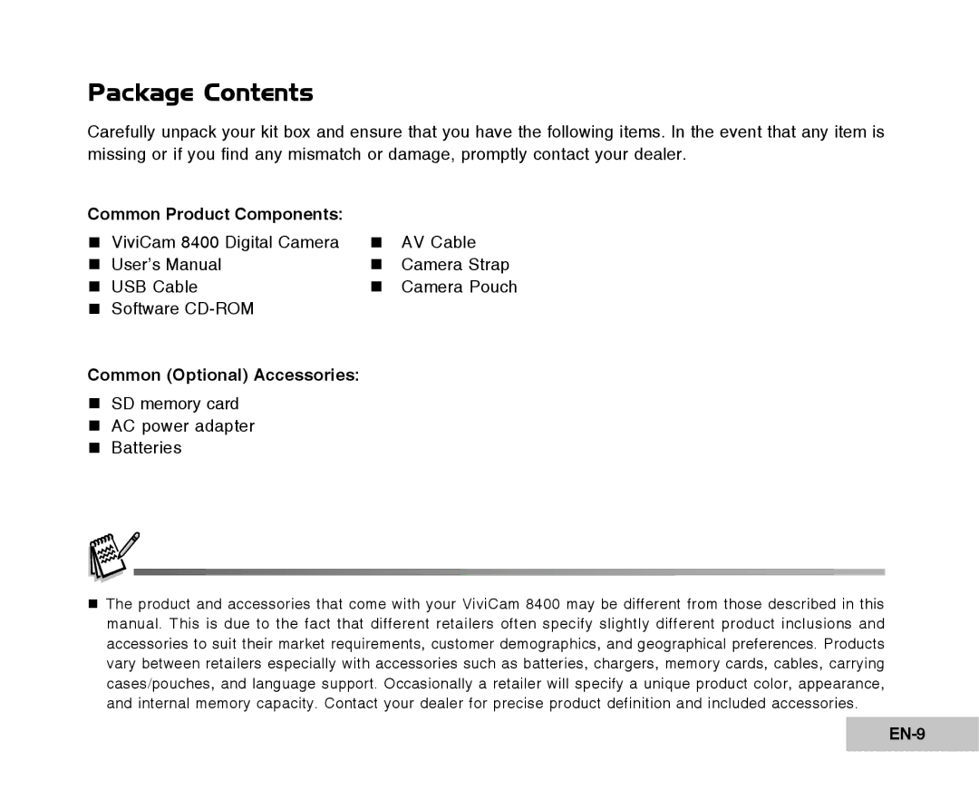 Vivitar Tripod/Video Equipment manual Package Contents 