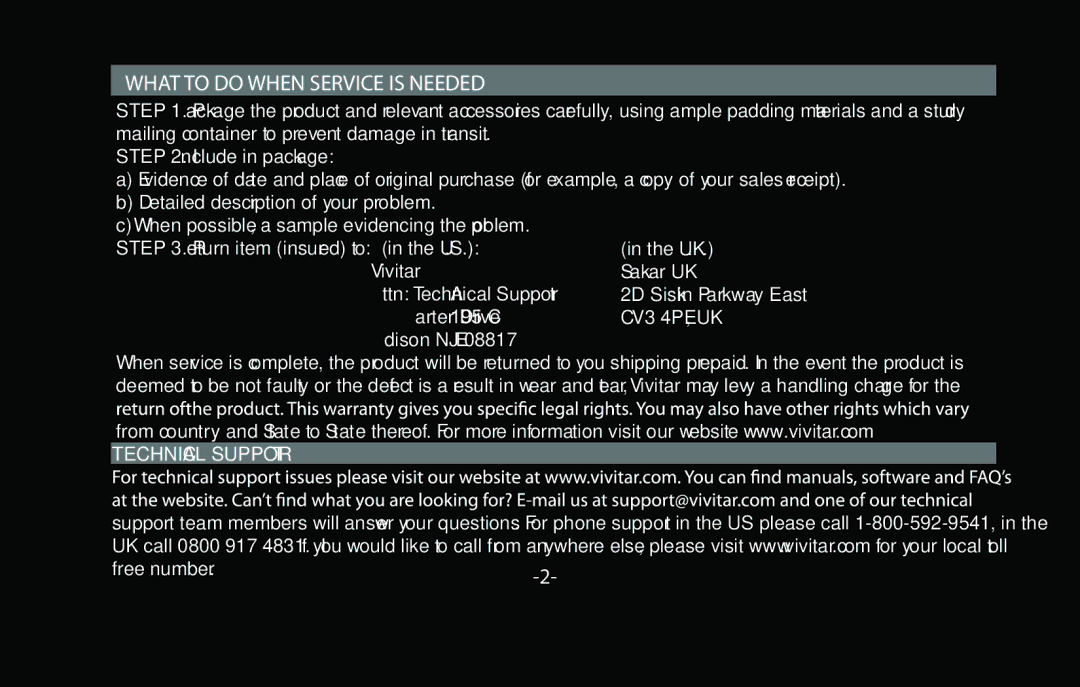 Vivitar V-500-PRE instruction manual What to do When Service is Needed 