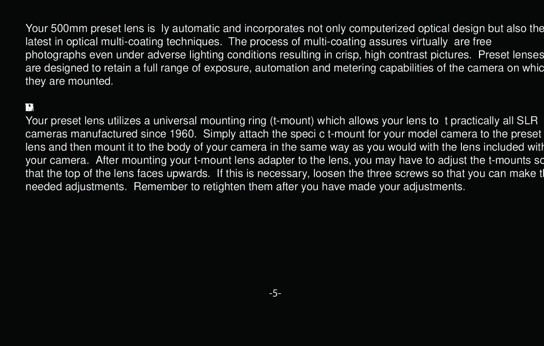 Vivitar V-500-PRE instruction manual Mounting the Lens 