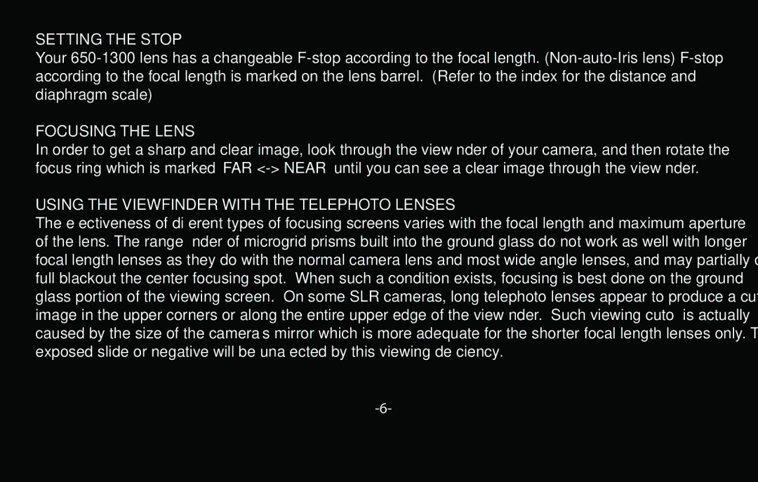 Vivitar V-500-PRE instruction manual Setting the Stop, Focusing the Lens, Using the Viewfinder with the Telephoto Lenses 