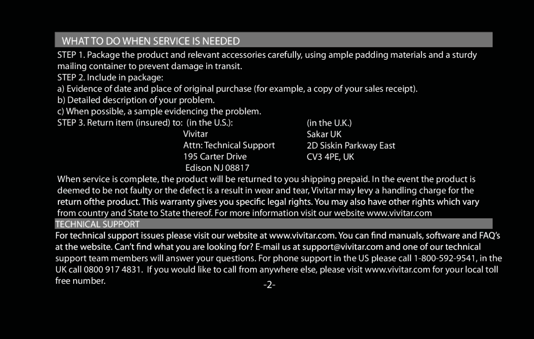 Vivitar V-650-1300 instruction manual What to do When Service is Needed 