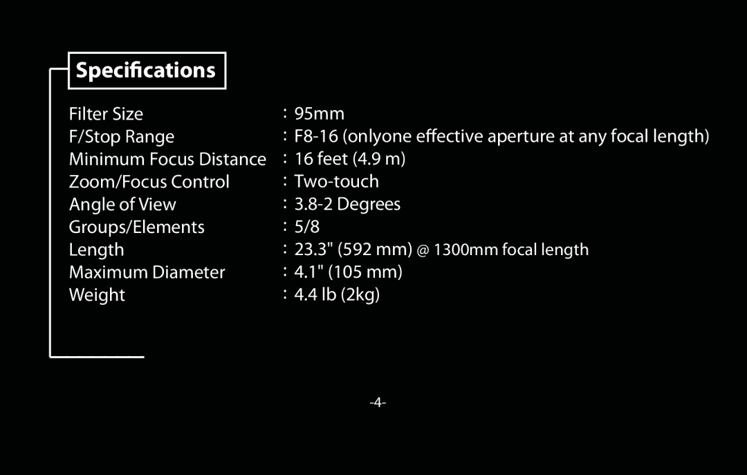 Vivitar V-650-1300 instruction manual Specications 