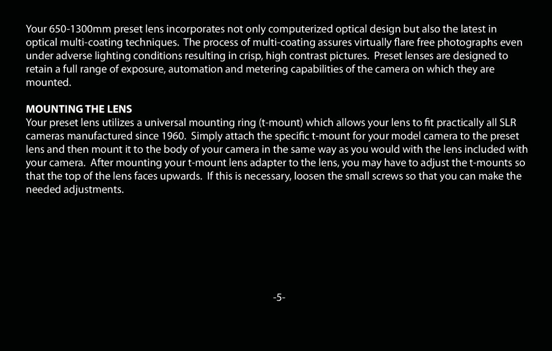 Vivitar V-650-1300 instruction manual Mounting the Lens 