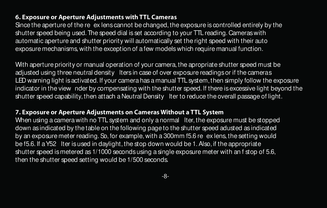 Vivitar V-800MR instruction manual Exposure or Aperture Adjustments with TTL Cameras 