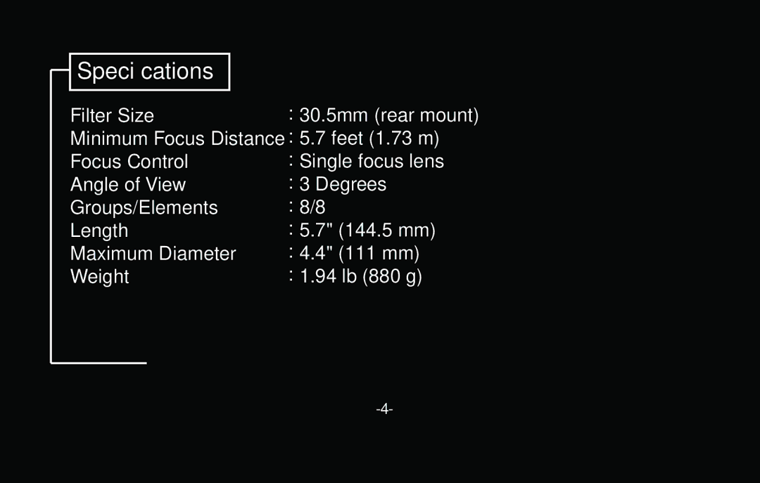 Vivitar V-800MR instruction manual Specications 