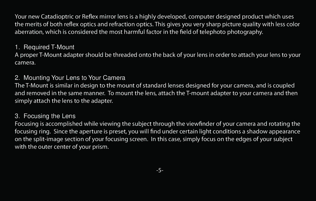 Vivitar V-800MR instruction manual Required T-Mount, Mounting Your Lens to Your Camera, Focusing the Lens 