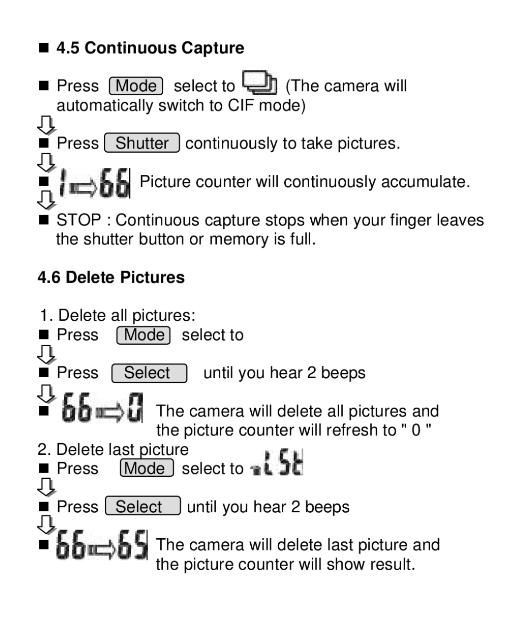 Vivitar V10b user manual Continuous Capture, Delete Pictures 