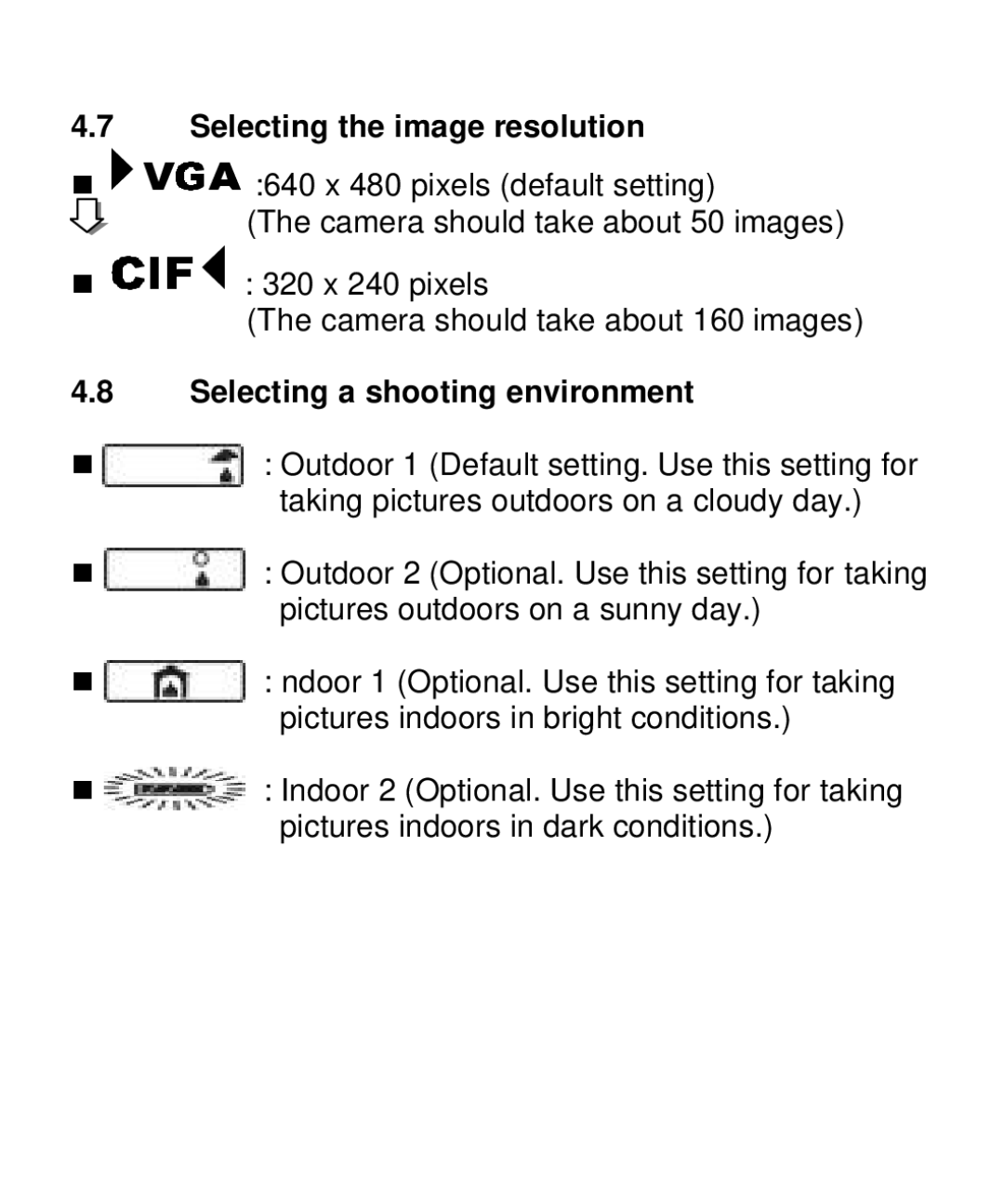 Vivitar V10b user manual Selecting the image resolution, Selecting a shooting environment 