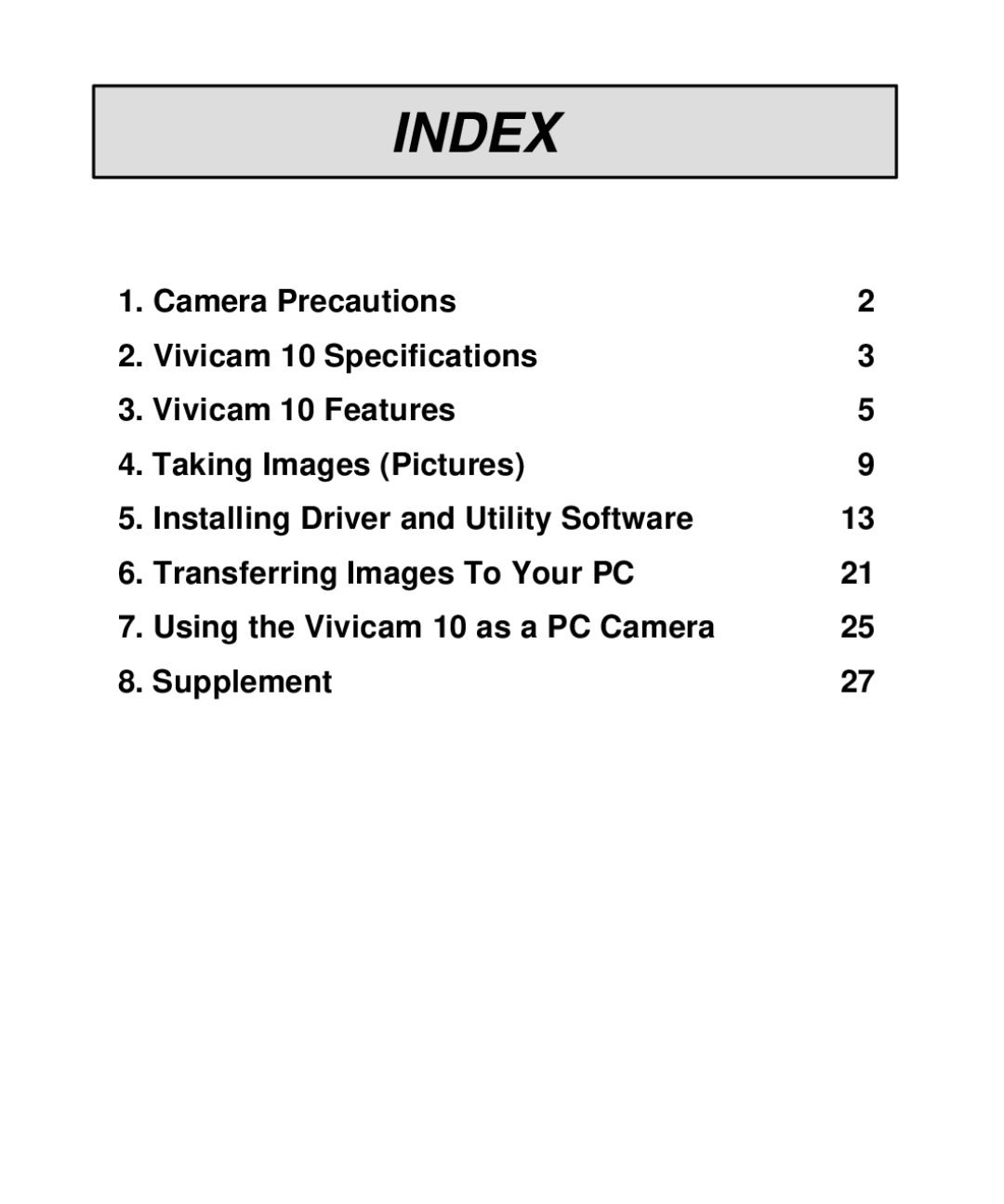 Vivitar V10b user manual Index 