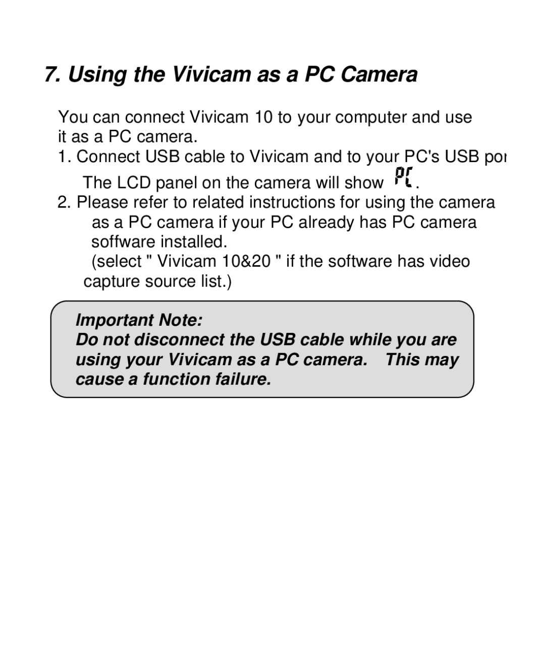 Vivitar V10b user manual Using the Vivicam as a PC Camera 