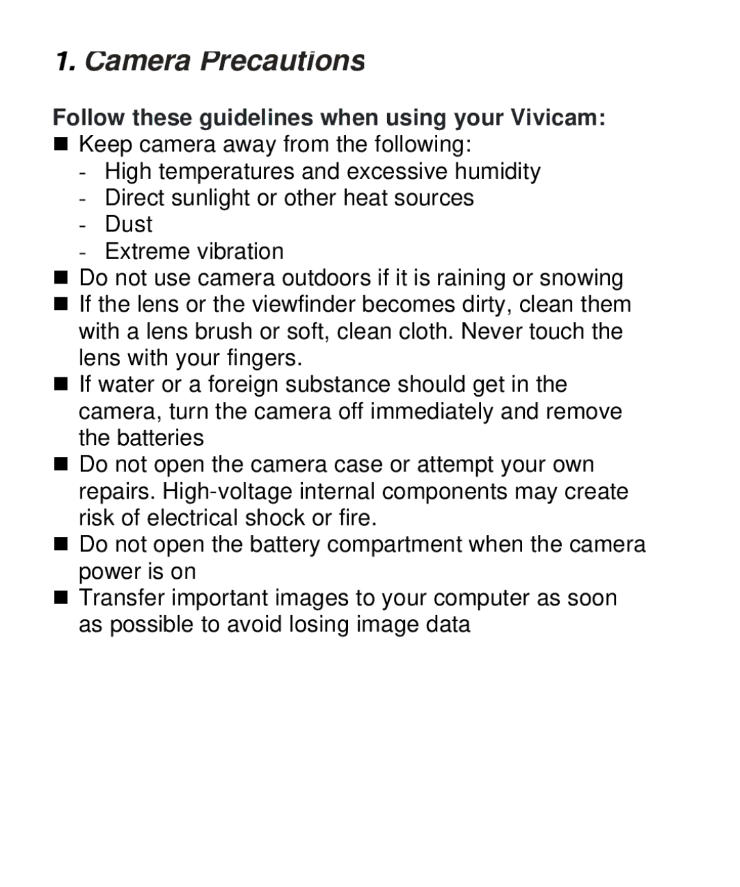 Vivitar V10b user manual Camera Precautions 