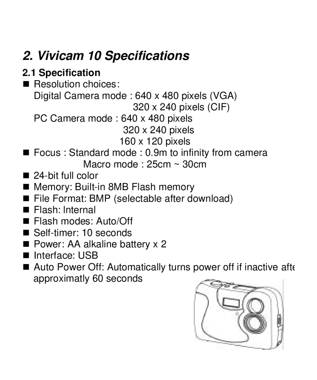 Vivitar V10b user manual Vivicam 10 Specifications 