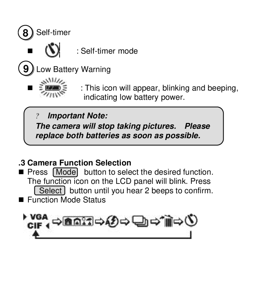 Vivitar V10b user manual ? lmportant Note, Camera Function Selection 