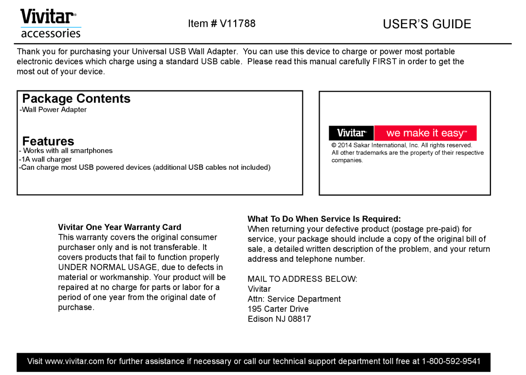 Vivitar V11788 warranty USER’S Guide, Package Contents, Features, Accessories, Item # 