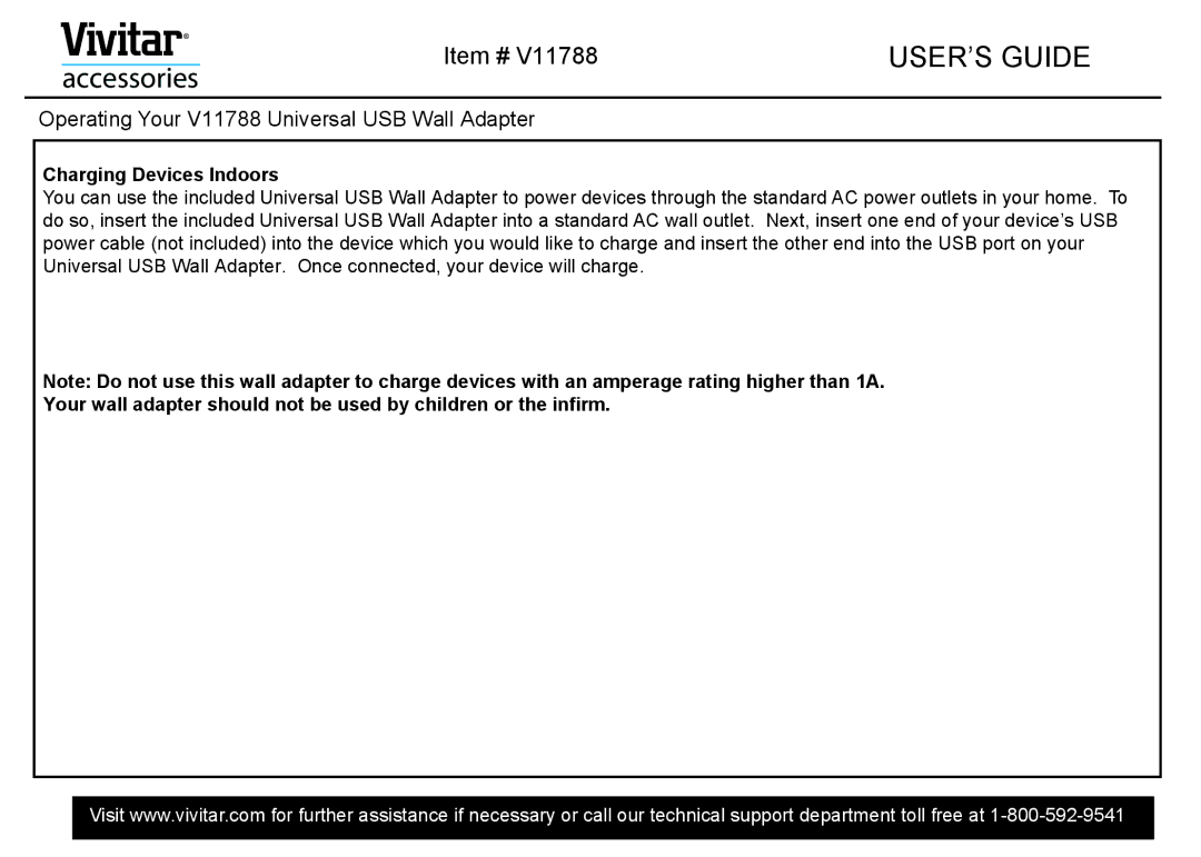 Vivitar warranty Accessories, Item # V11788USER’S Guide, Operating Your V11788 Universal USB Wall Adapter 