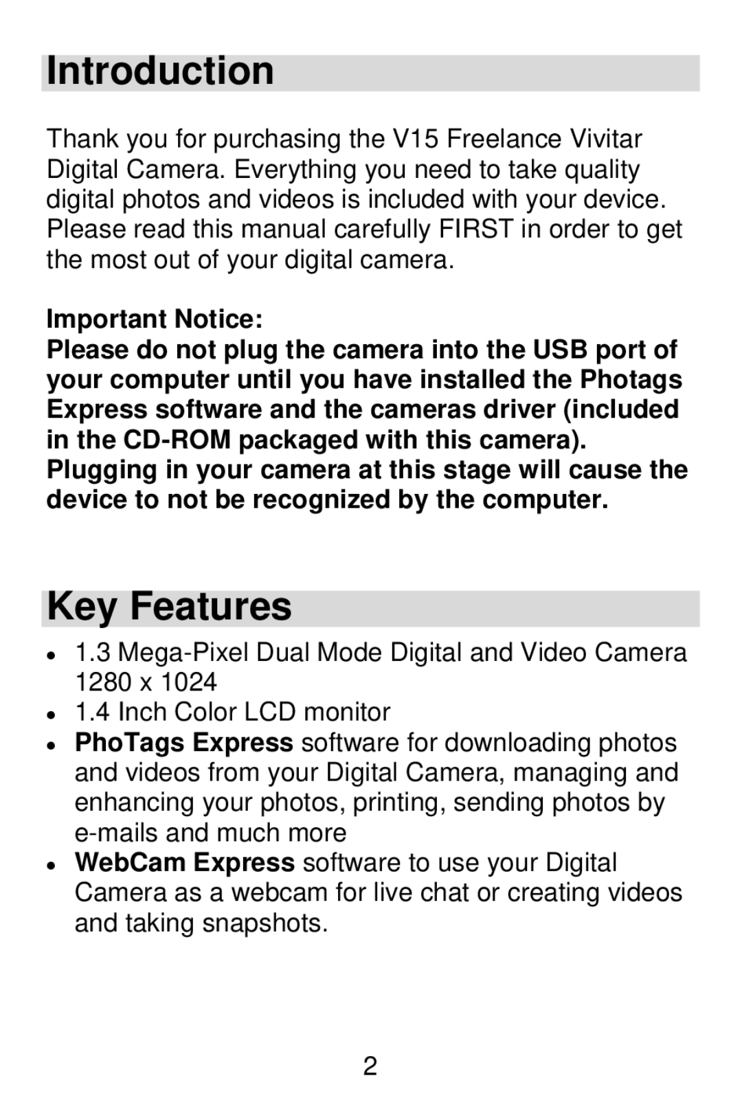 Vivitar V15 owner manual Introduction, Key Features, Important Notice 