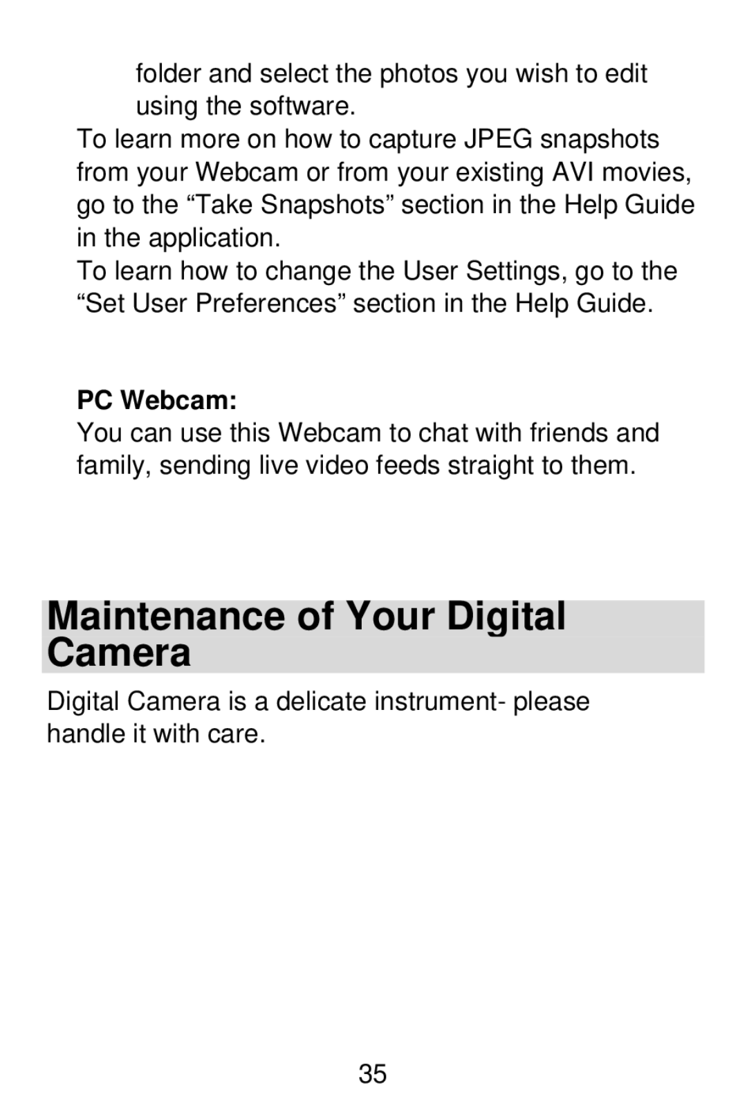 Vivitar V15 owner manual Maintenance of Your Digital Camera, PC Webcam 