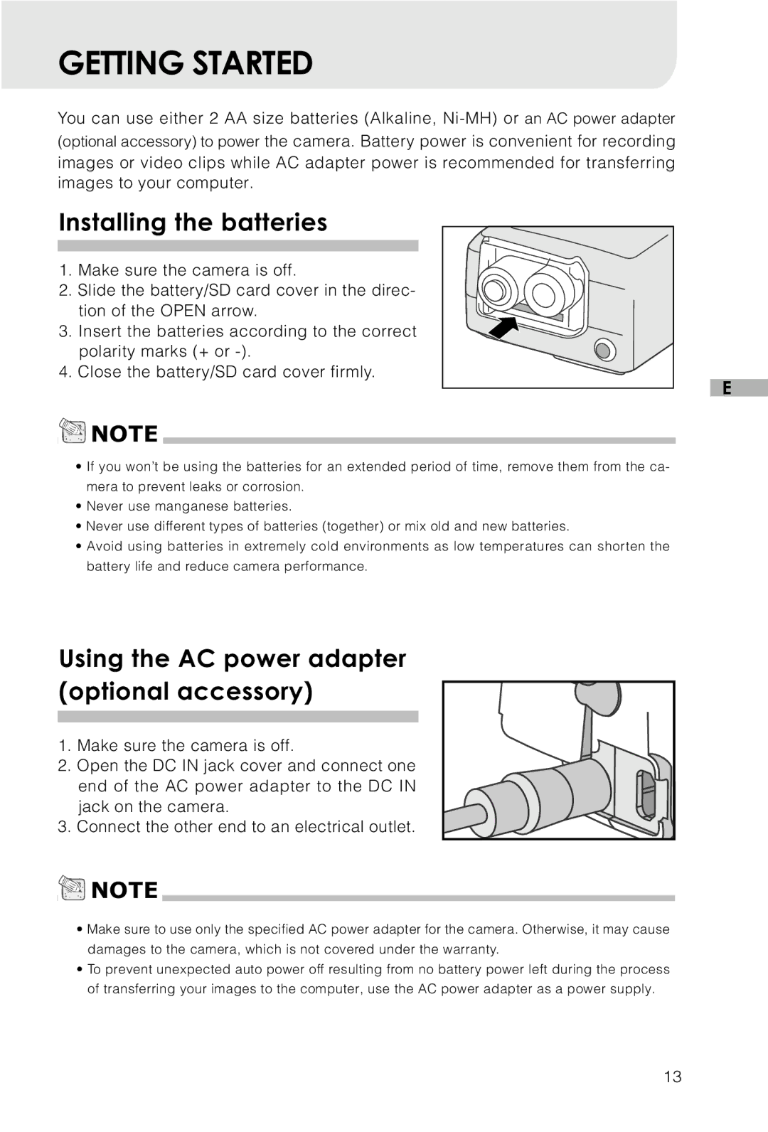 Vivitar V3625 user manual Getting Started, Installing the batteries, Using the AC power adapter optional accessory 