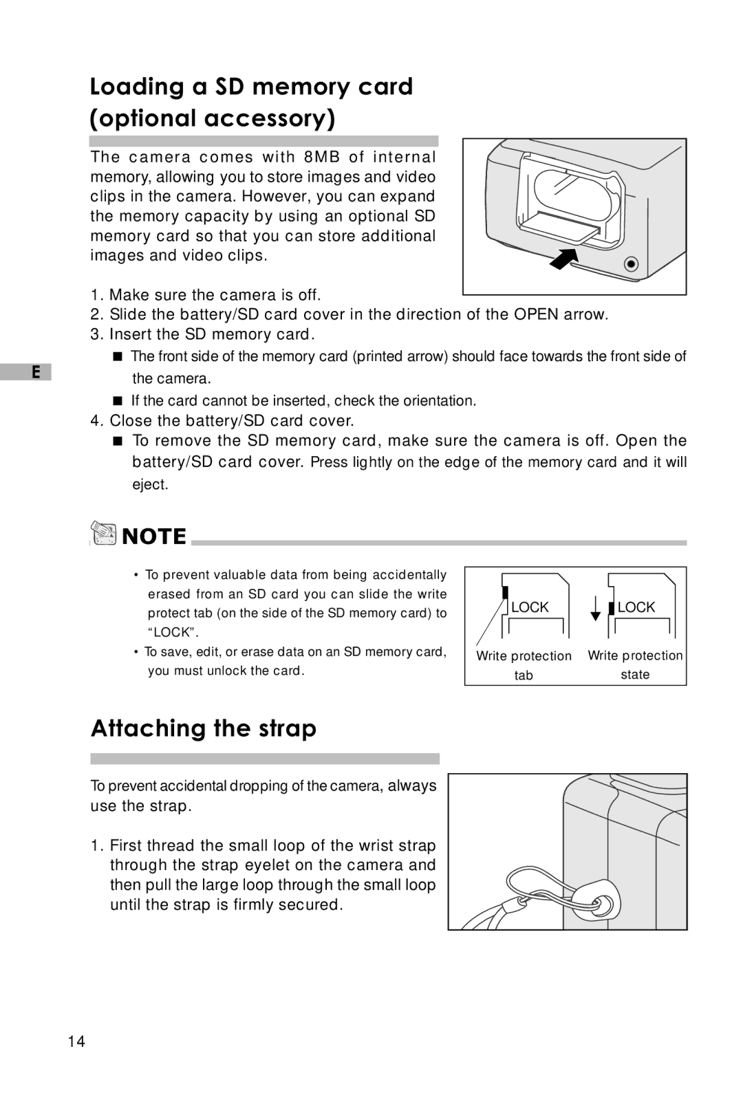 Vivitar V3625 user manual Loading a SD memory card optional accessory, Attaching the strap 