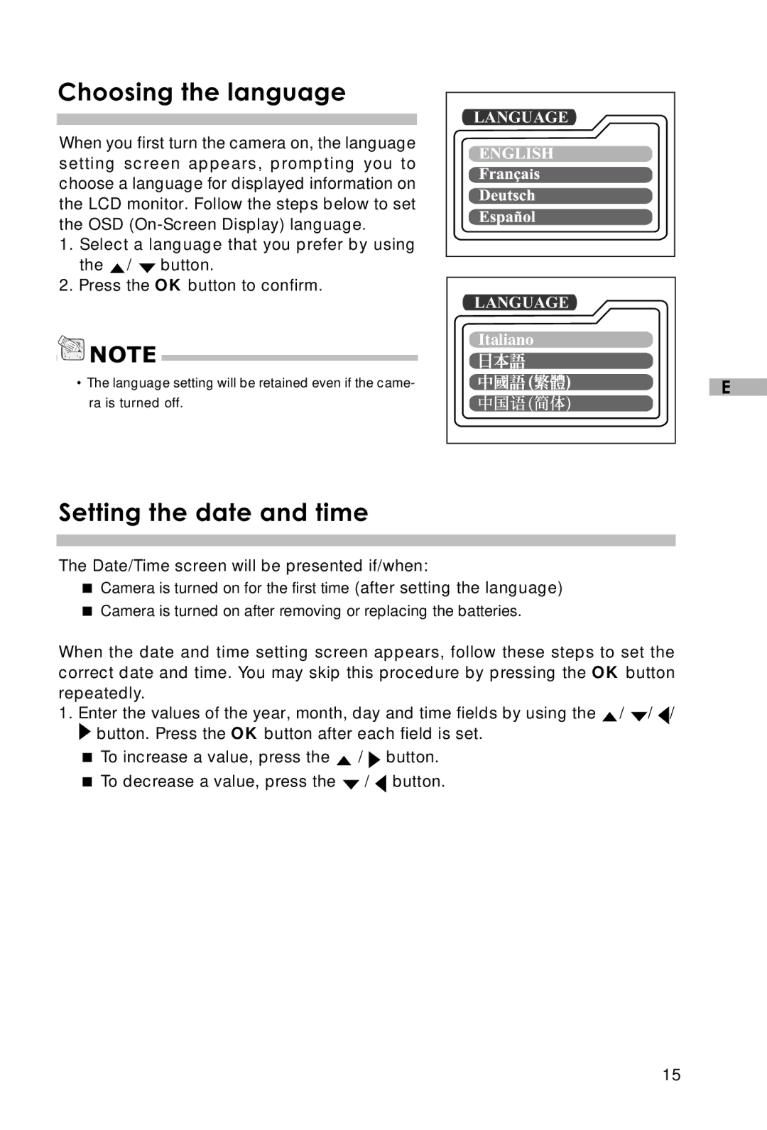 Vivitar V3625 user manual Choosing the language, Setting the date and time 