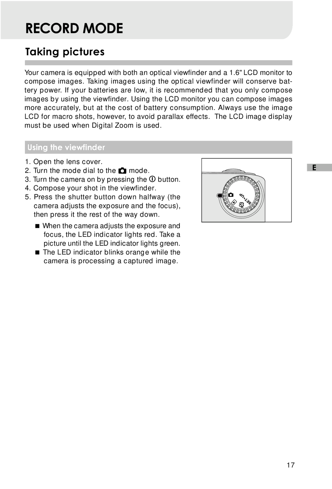 Vivitar V3625 user manual Record Mode, Taking pictures 