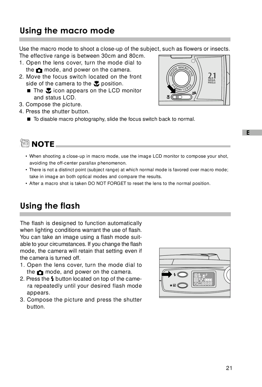 Vivitar V3625 user manual Using the macro mode, Using the flash 