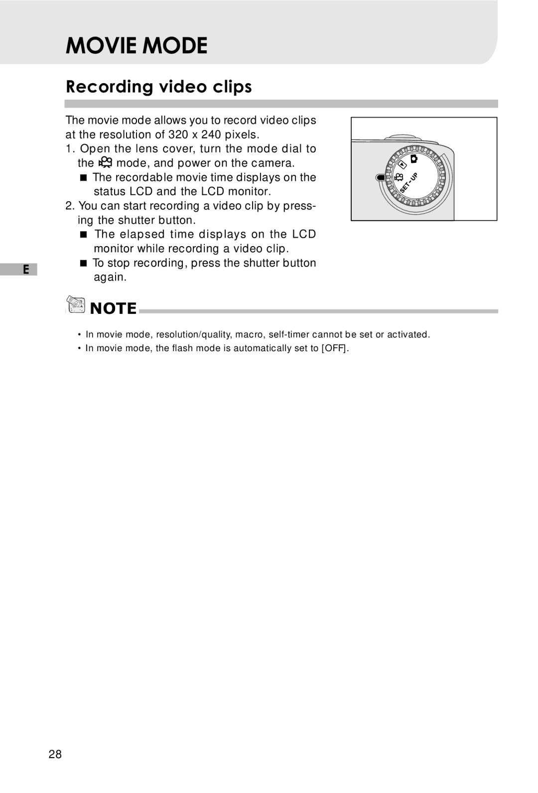 Vivitar V3625 user manual Movie Mode, Recording video clips 