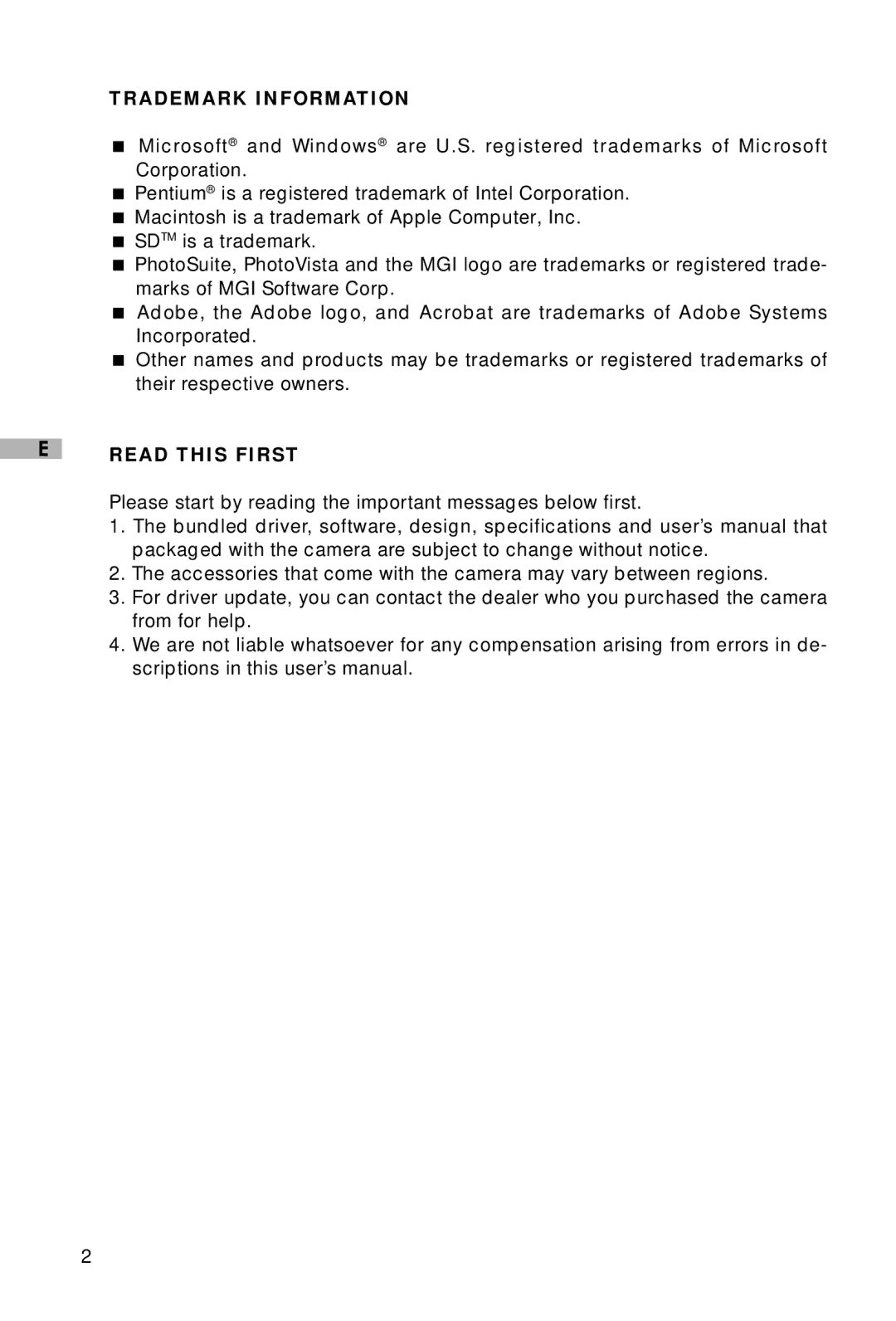 Vivitar V3625 user manual Trademark Information 