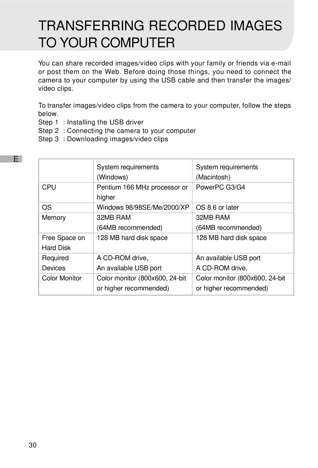 Vivitar V3625 user manual Transferring Recorded Images to Your Computer, System requirements Windows Macintosh 