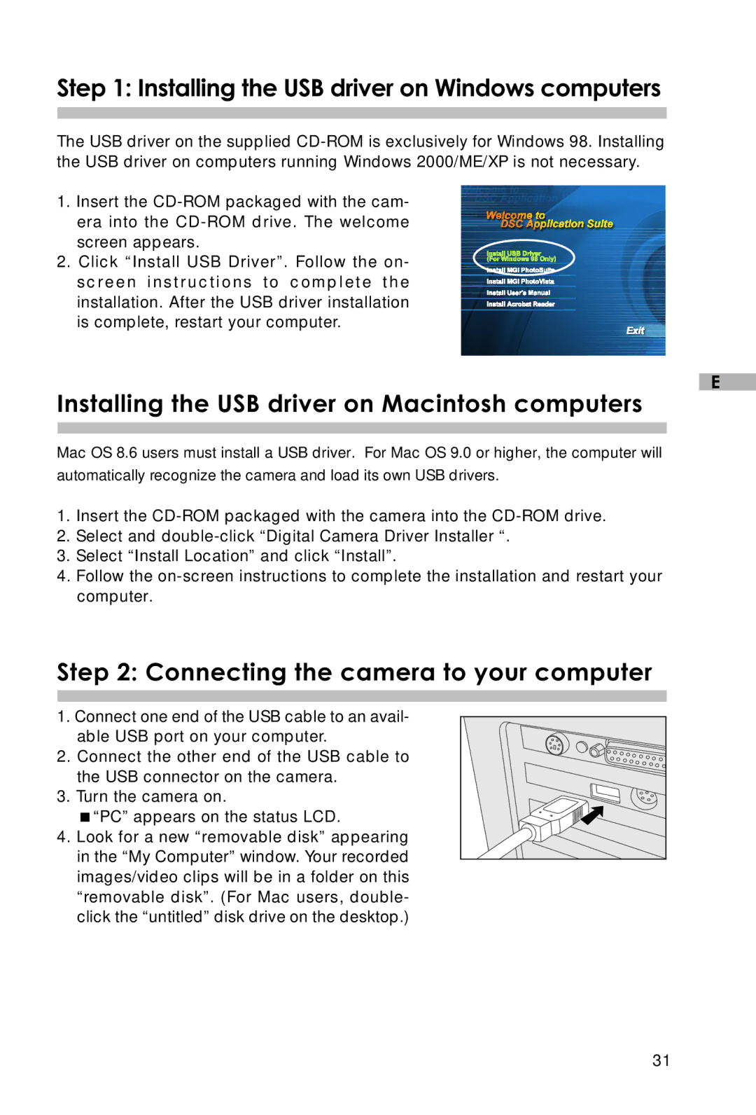 Vivitar V3625 user manual Installing the USB driver on Windows computers, Installing the USB driver on Macintosh computers 