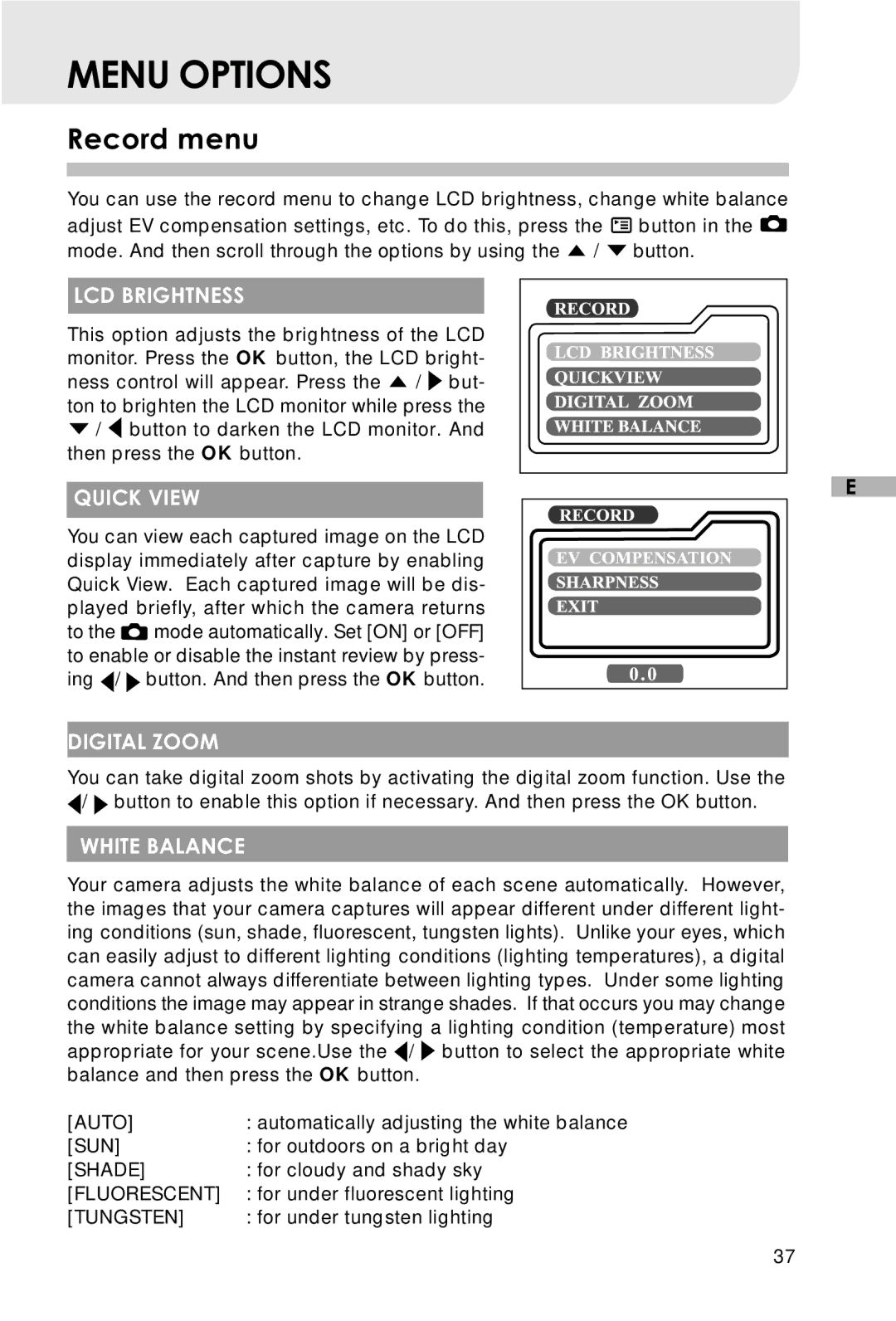 Vivitar V3625 user manual Menu Options, Record menu 