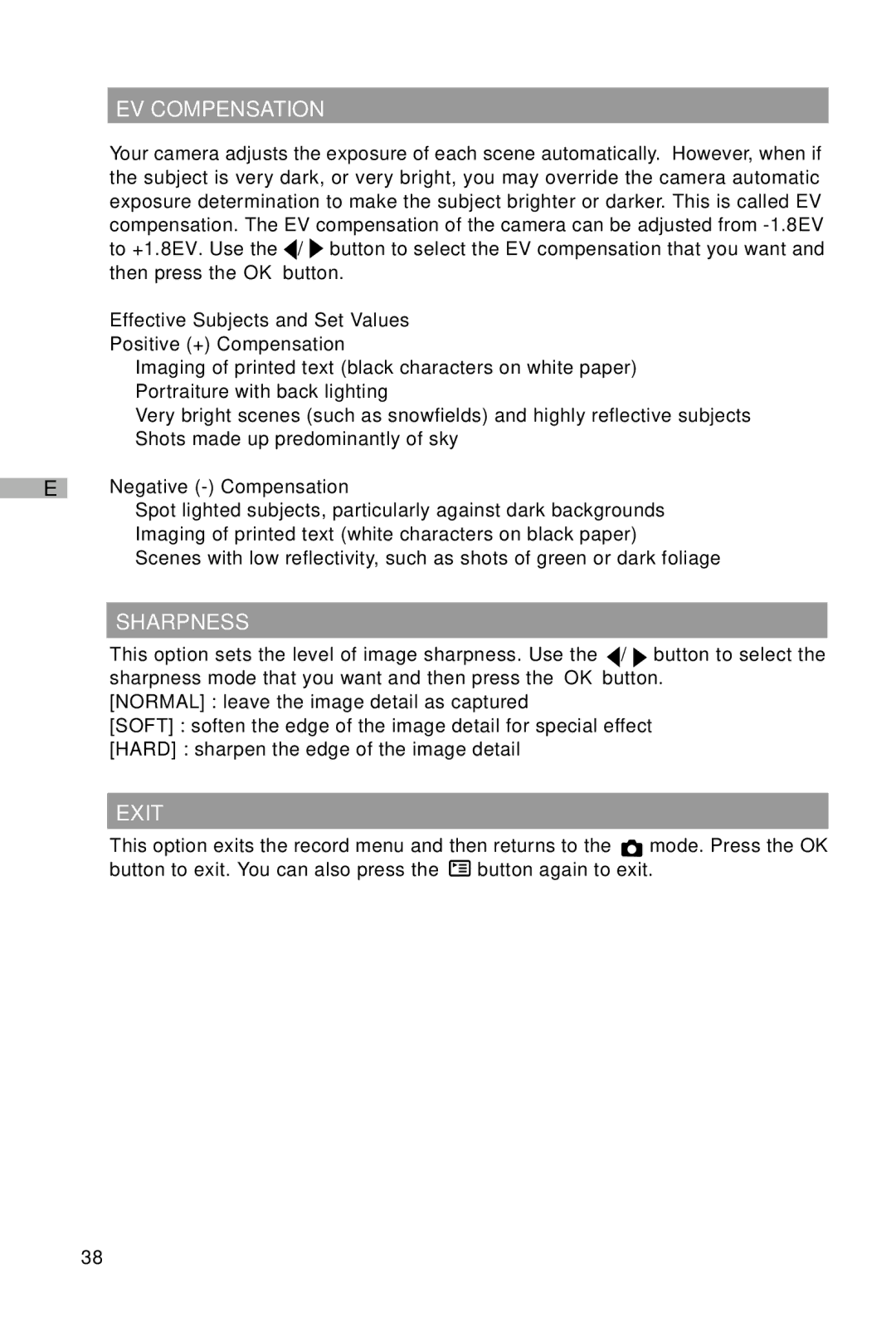 Vivitar V3625 user manual EV Compensation, Sharpness, Exit, Effective Subjects and Set Values Positive + Compensation 