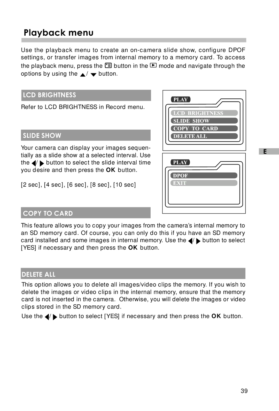 Vivitar V3625 user manual Playback menu, Slide Show, Copy to Card, Delete ALL 