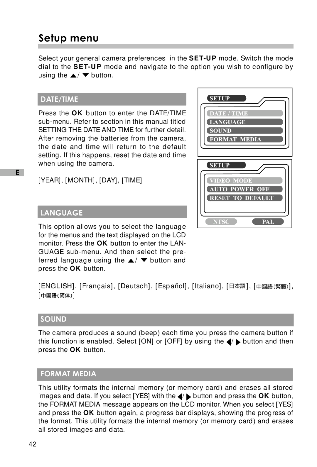 Vivitar V3625 user manual Setup menu, Date/Time, Language, Sound, Format Media 