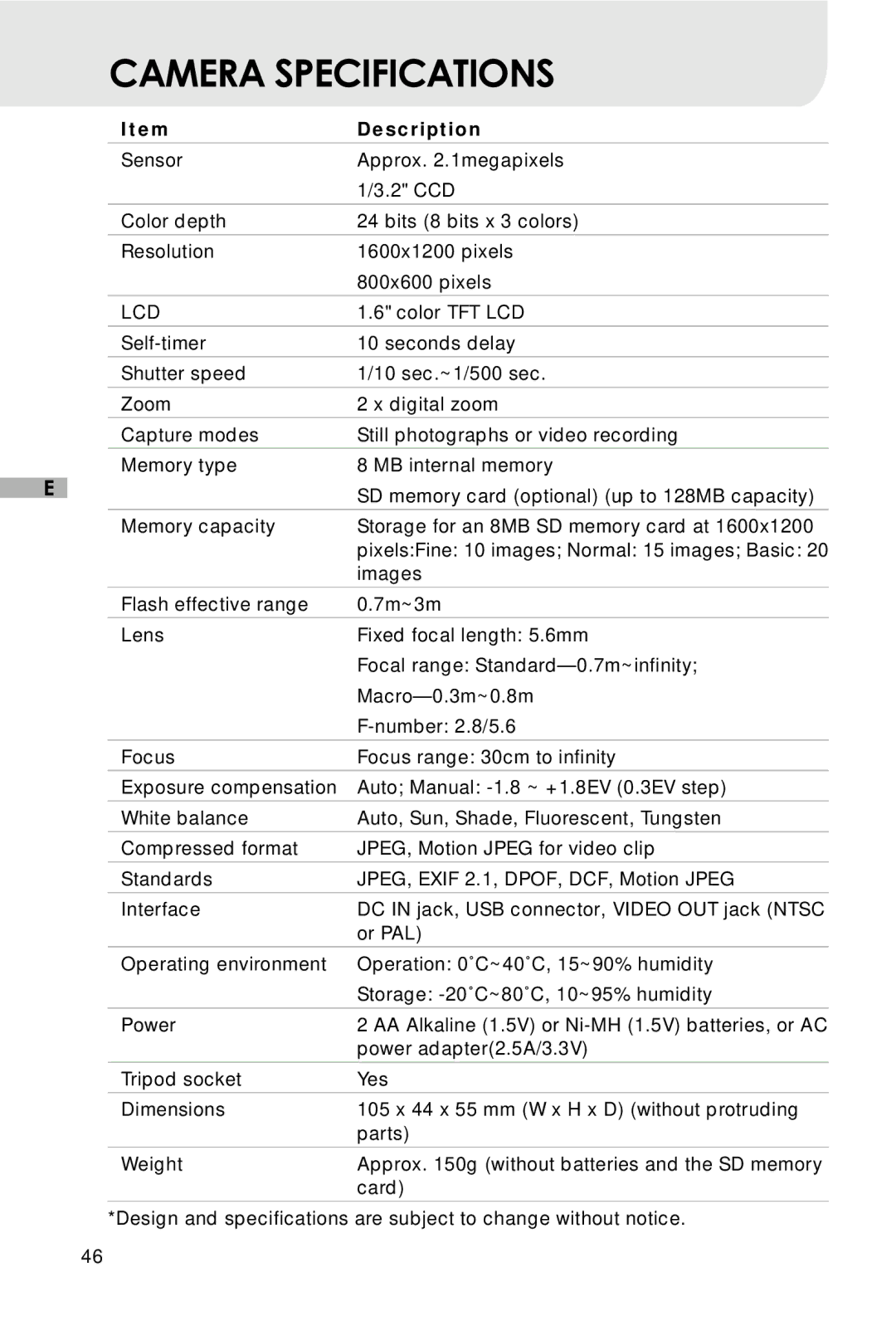 Vivitar V3625 user manual Camera Specifications, Lcd 