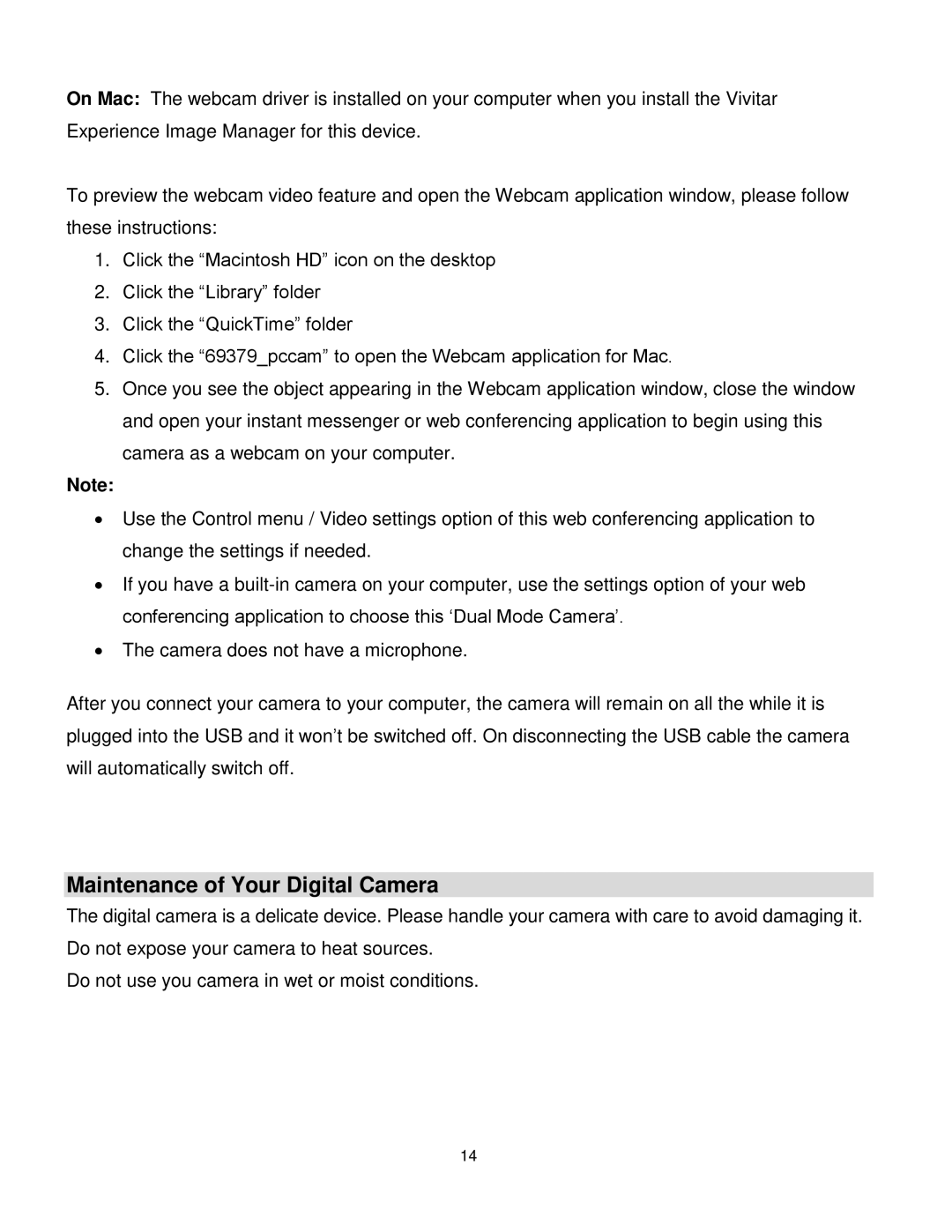 Vivitar V69379M user manual Maintenance of Your Digital Camera 