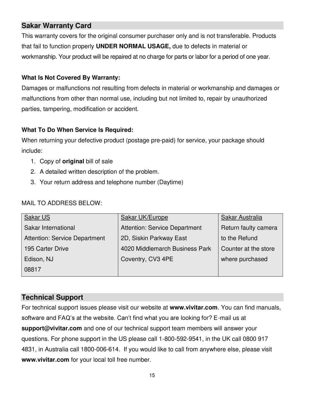 Vivitar V69379M user manual Sakar Warranty Card, Technical Support, What Is Not Covered By Warranty 