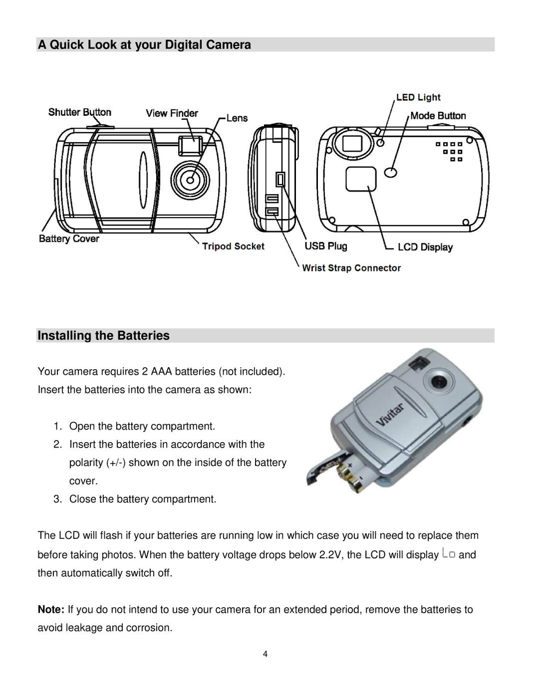 Vivitar V69379M user manual Quick Look at your Digital Camera Installing the Batteries 