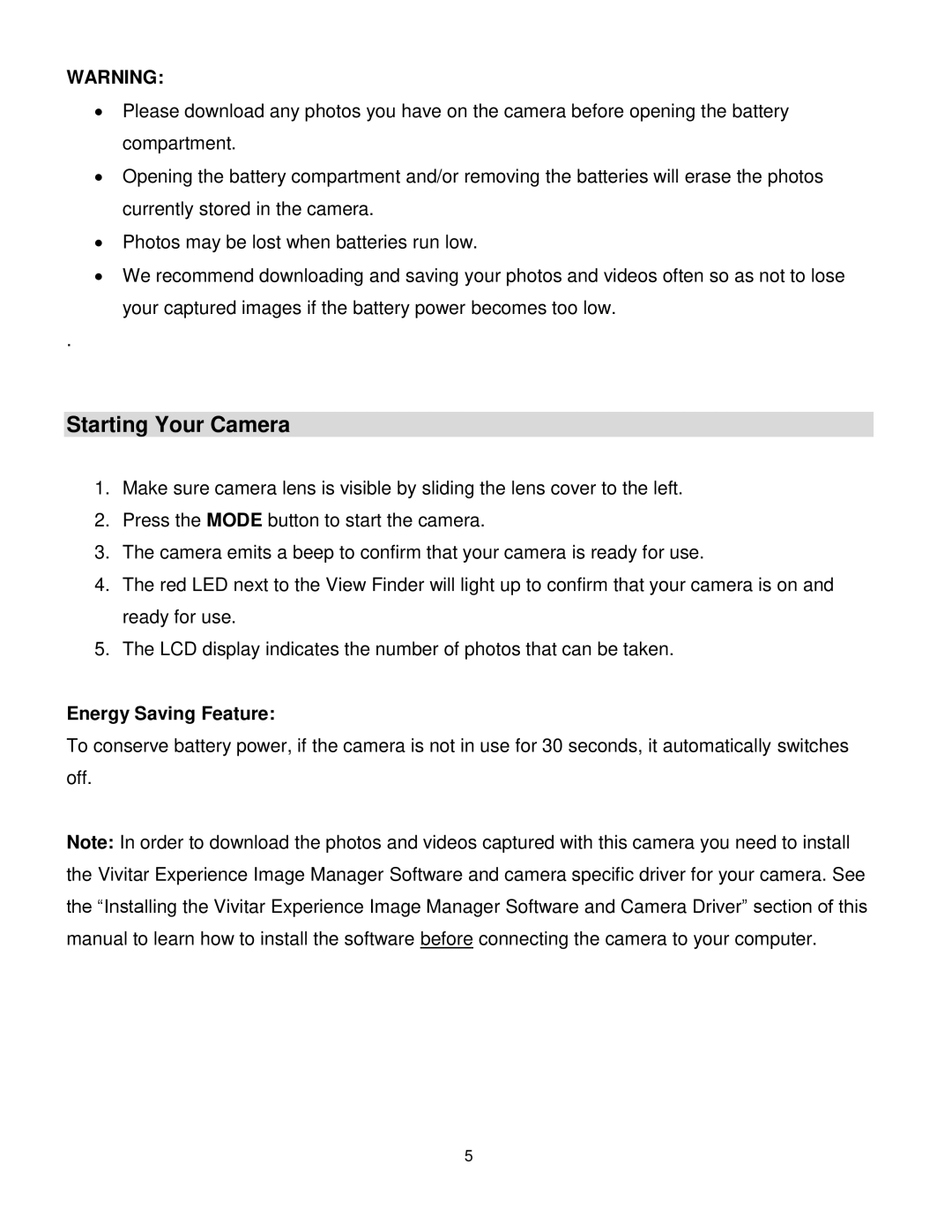 Vivitar V69379M user manual Starting Your Camera, Energy Saving Feature 