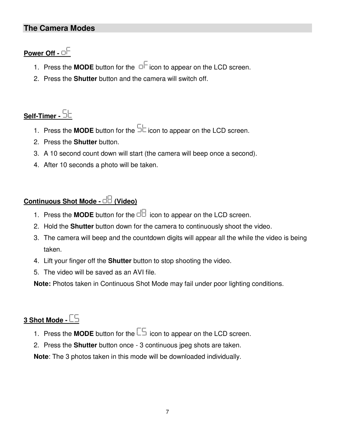 Vivitar V69379M user manual Camera Modes, Power Off, Self-Timer, Continuous Shot Mode Video 