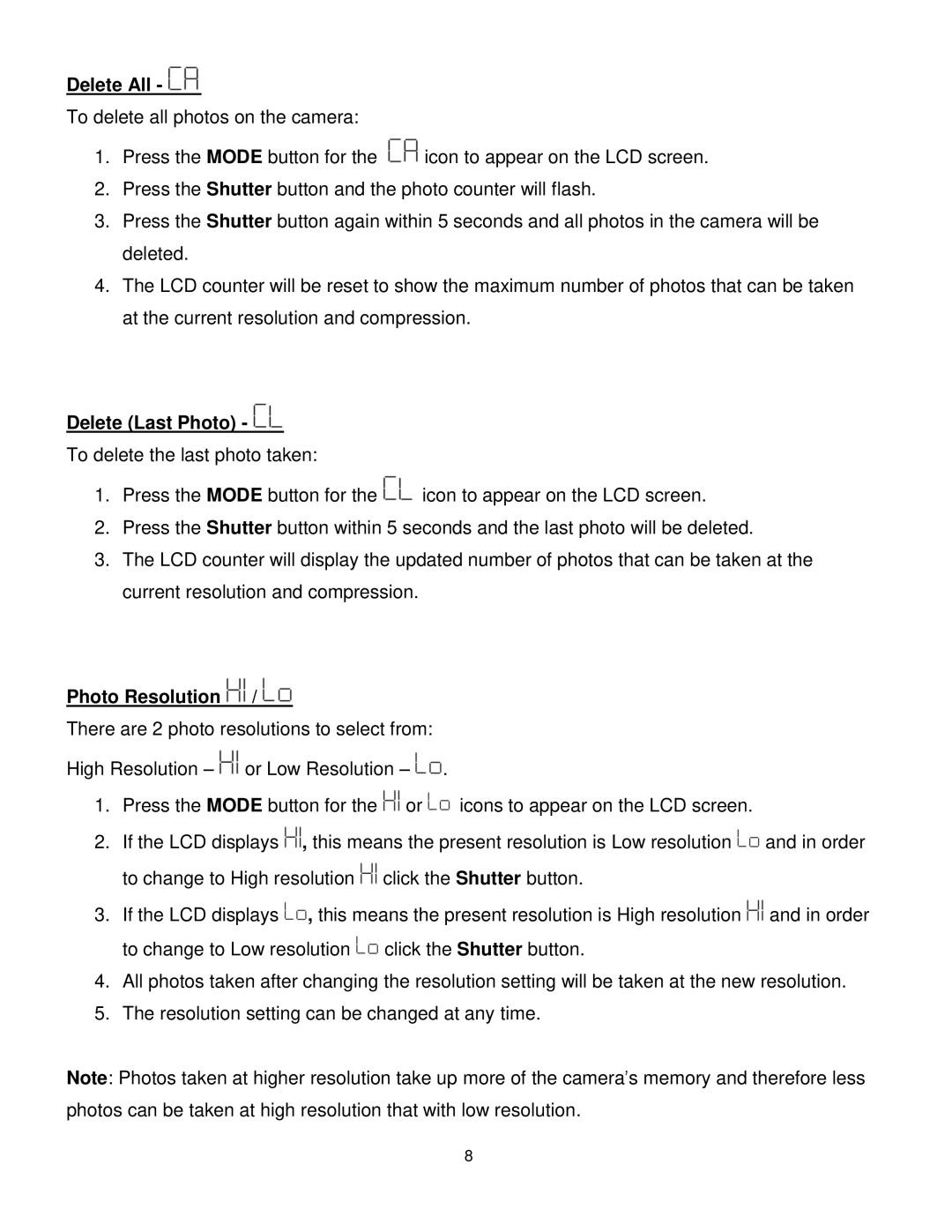 Vivitar V69379M user manual Delete All, Delete Last Photo, Photo Resolution 