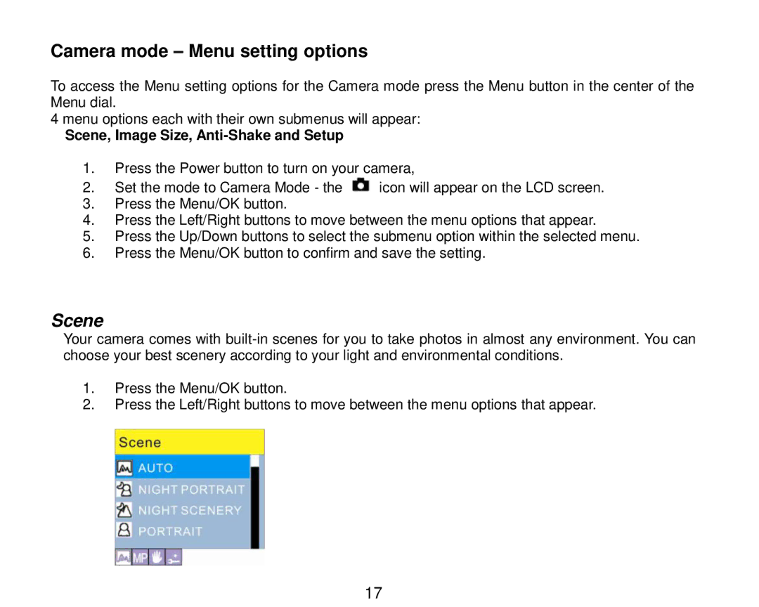 Vivitar V8690 user manual Camera mode Menu setting options, Scene, Image Size, Anti-Shake and Setup 