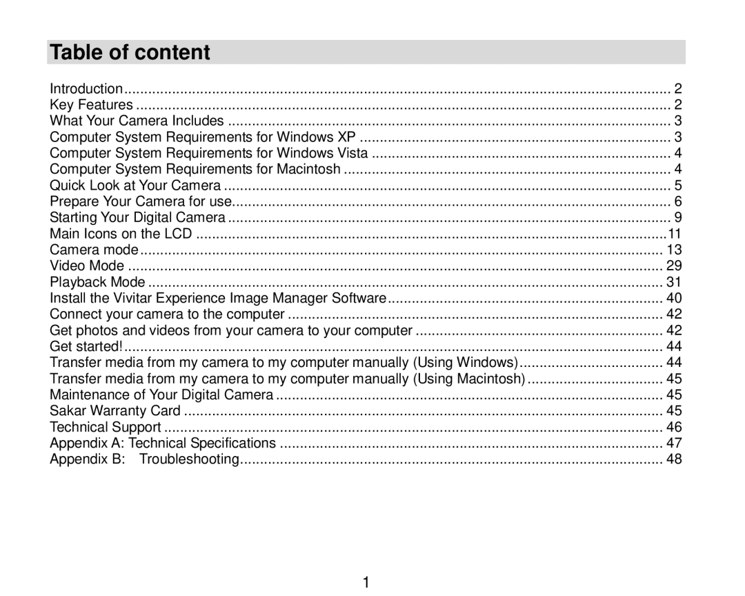 Vivitar V8690 user manual Table of content, Introduction 