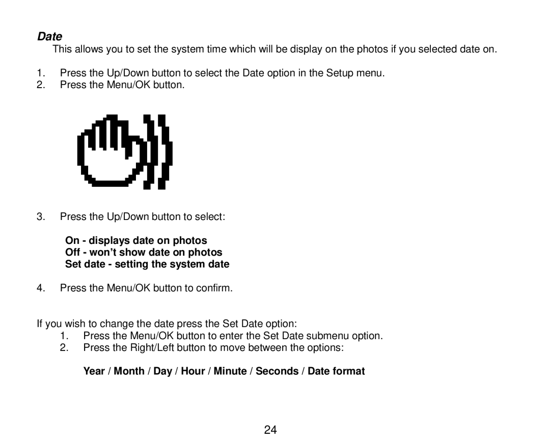 Vivitar V8690 user manual Year / Month / Day / Hour / Minute / Seconds / Date format 