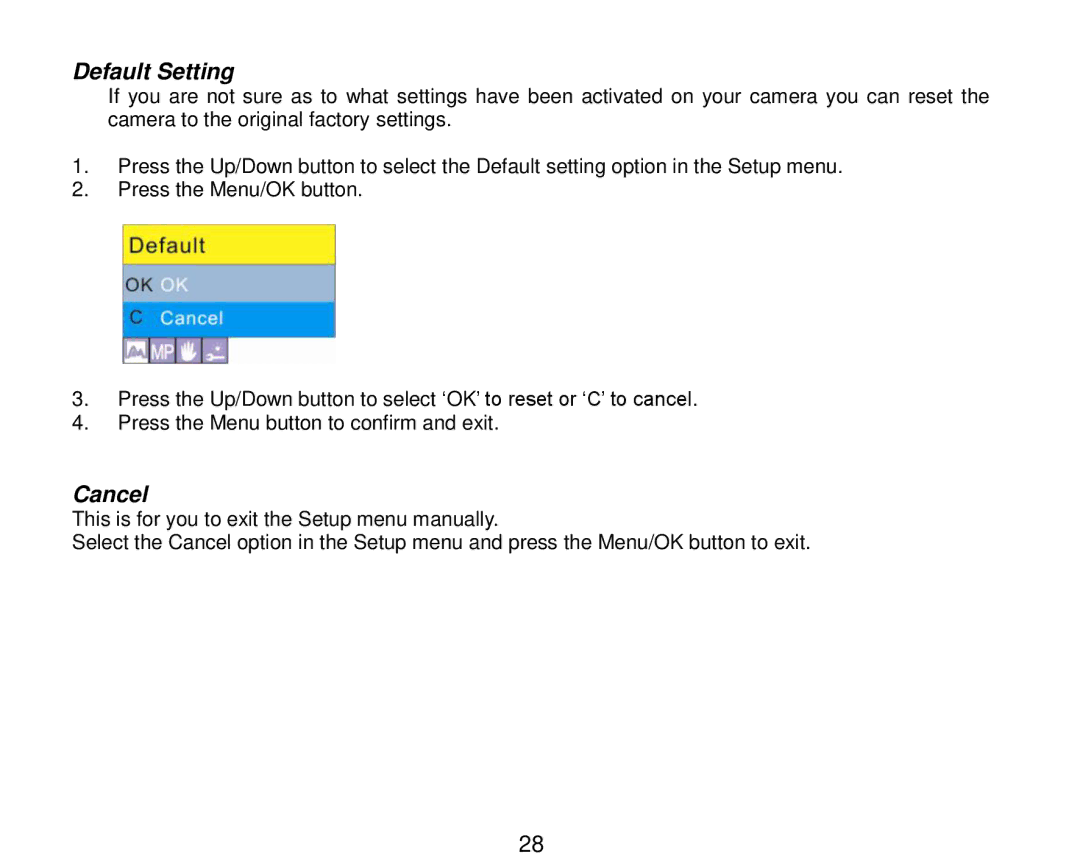 Vivitar V8690 user manual Default Setting, Cancel 