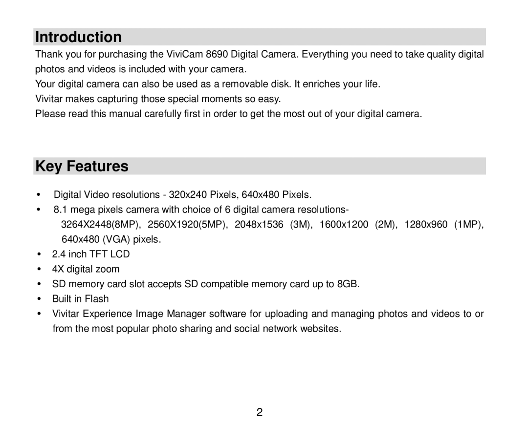 Vivitar V8690 user manual Introduction, Key Features 